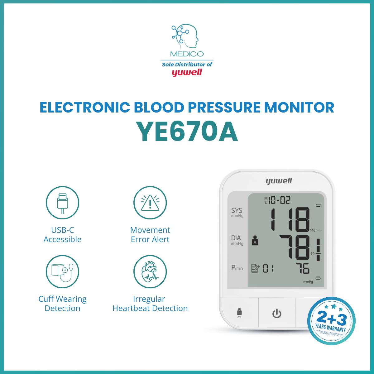 Yuwell YE670A Blood Pressure Monitor (+2 memory storage BPM)